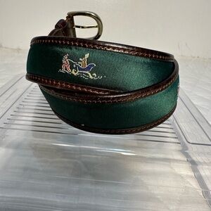 J. McLaughlin Leather Brown Green Ski Slider Embroider Ribbon Golf Belt Size 38